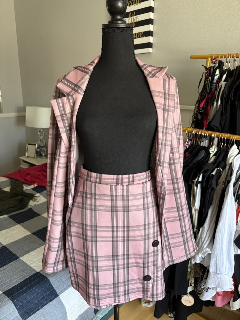PrettyLittleThing Pink Plaid 2pc Blazer (US 4) & Skort (US 6) Set — NWT
